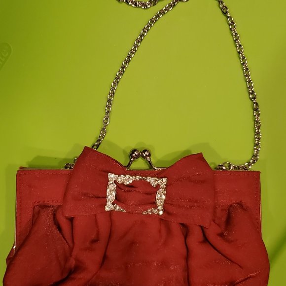 3 for $50 * Y2K Red Evening Clutch Rhinestone Buckle Silver Chain Poufy Organza - Picture 1 of 4